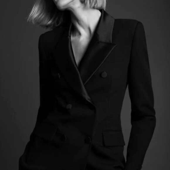 Zara Double Breasted Tailored Tuxedo Blazer Jacket XS Black 9064/940 - Picture 1 of 12